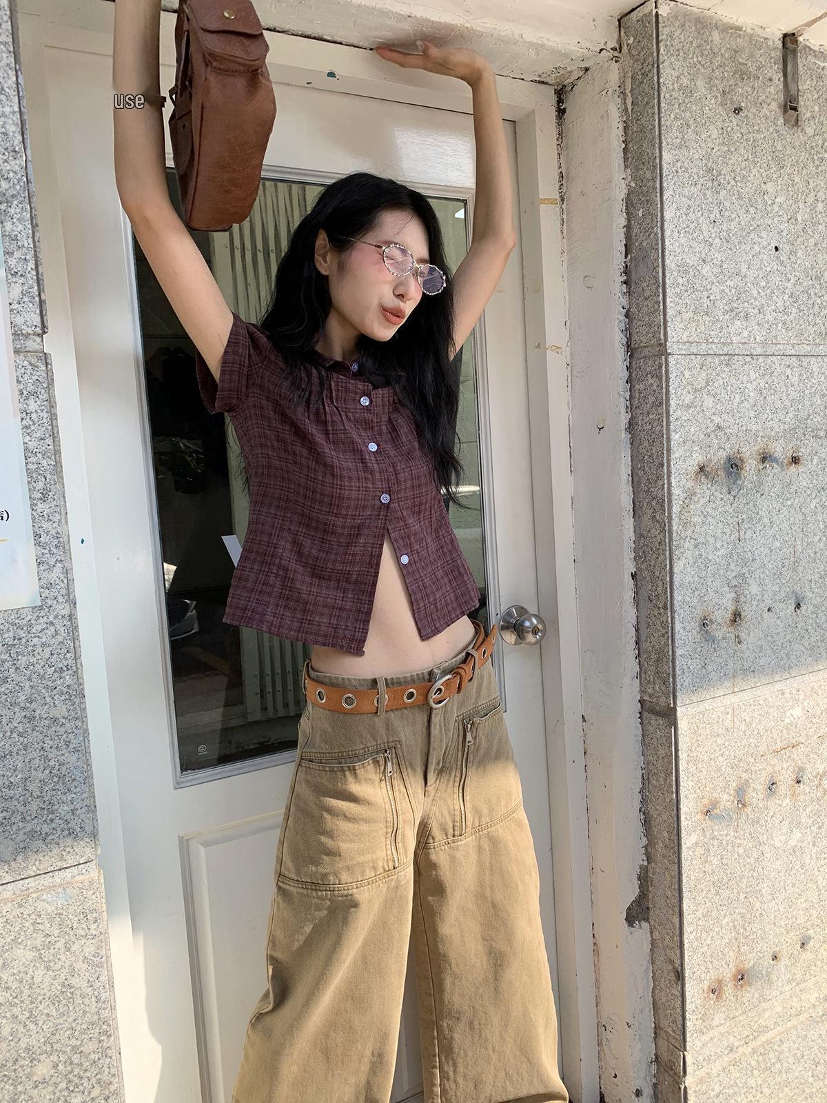 Stylish Women s Plaid Button-Up Rolled-Sleeve Shirt - Spring/Summer 2026 One Size коричневый