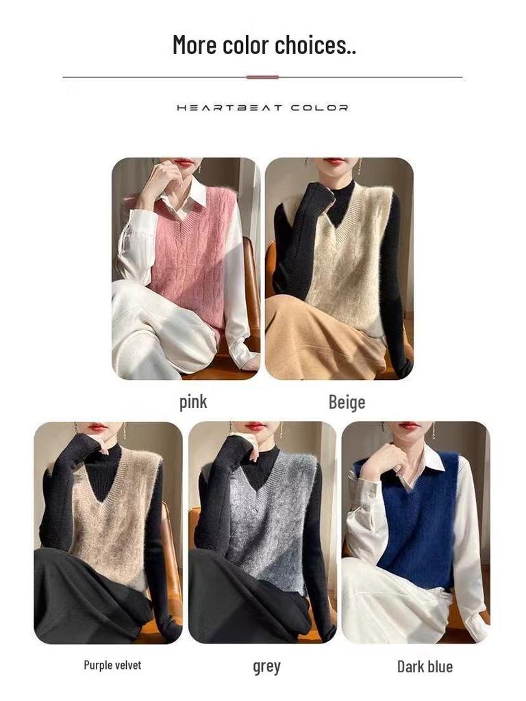 2025 Women's Early Winter V-Neck Cable Knit Sleeveless Wool Vest with Shoulder Pads