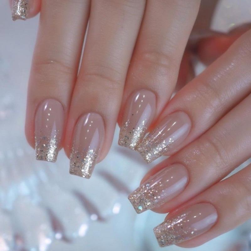 

Nude Glitter Press-On Nails with Silver Sequins - Removable Luxury Nail Art Stickers