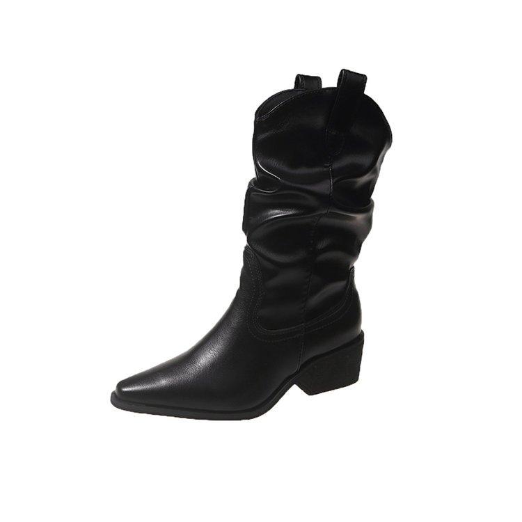 

Высококачественные женские сапоги Осень 2025 Модные остроносые сапоги челси до середины икры из плиссированной кожи Женские сапоги до колена Банкетная вечеринка 35 чёрный