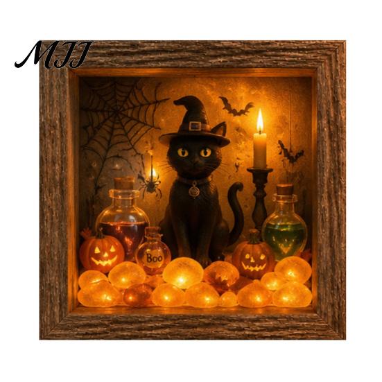 Desktop Mantel Decor Halloween Shadow Box Frame DIY Lighted Craft Kit, Wooden Night Light with Kit for Adults Sea Glass Stones, Gothic LED Memory