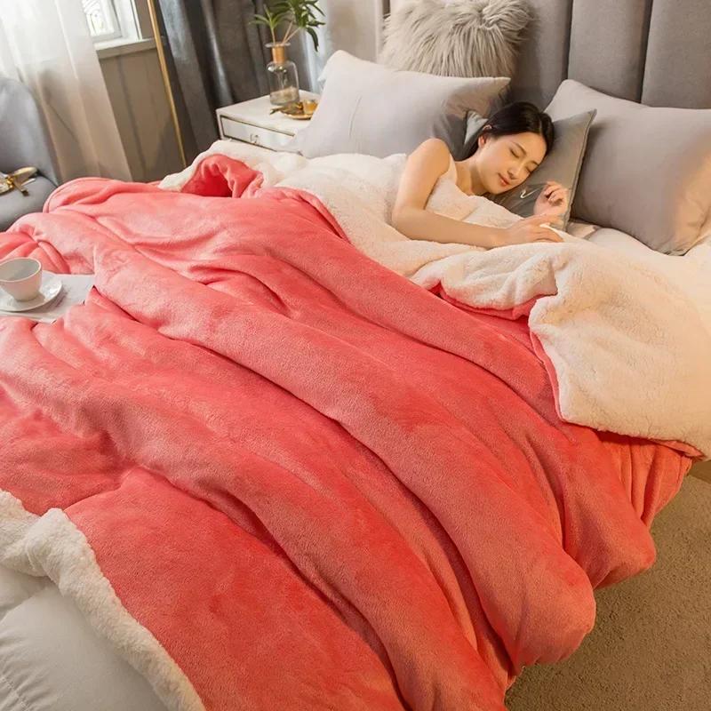 Thick Blanket Lamb Wool Warm Sleeping Double Side Microfiber Flannel Fleece Blankets for Bed Cozy Comfortable Super Soft Quilt