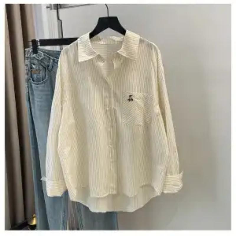 Striped Shirt Women's Loose Design Korean Style Casual Pure Cotton Long Sleeve Thin