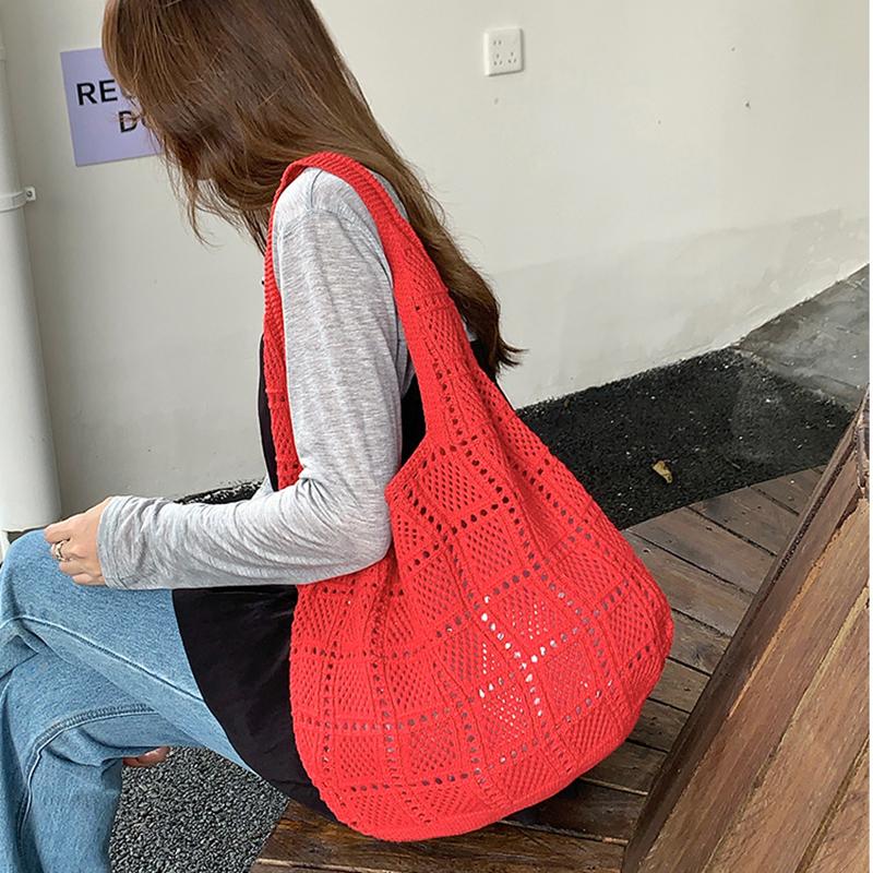 Yogodlns Retro Knitted Net Bag Shoulder Tote Beach Holiday Women's Bag Weaving Art Style Casual Minimalist Polyester Handbags