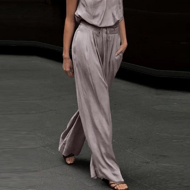 Completo Pantaloni da Donna Colore Unico Mezzo Collo Monospalla Senza Maniche Camicie Allacciatura Pantaloni Gamba Larga Donna 2025 Estate Nuovi Abbigliamento da Strada Donna