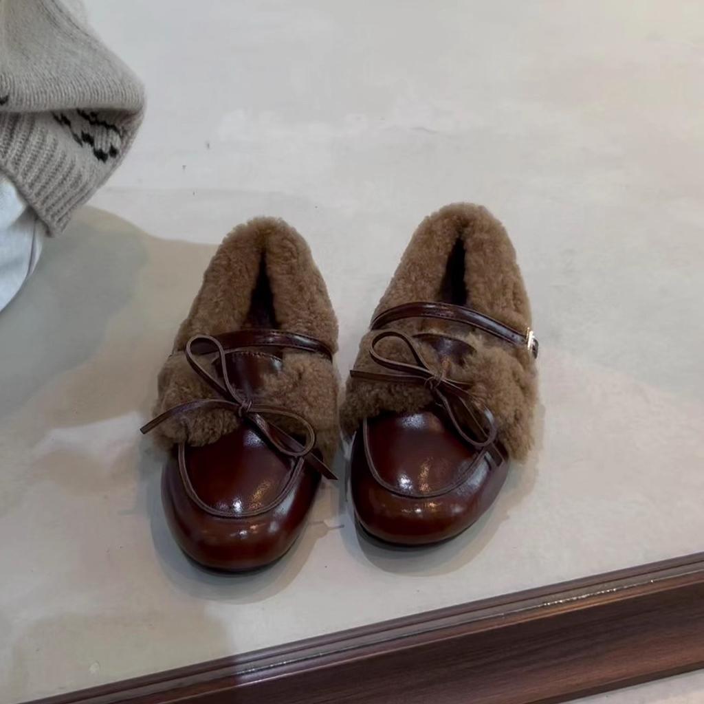 Autumn and winter bow velvet Mary Jane fluffy shoes women's warm small leather shoes