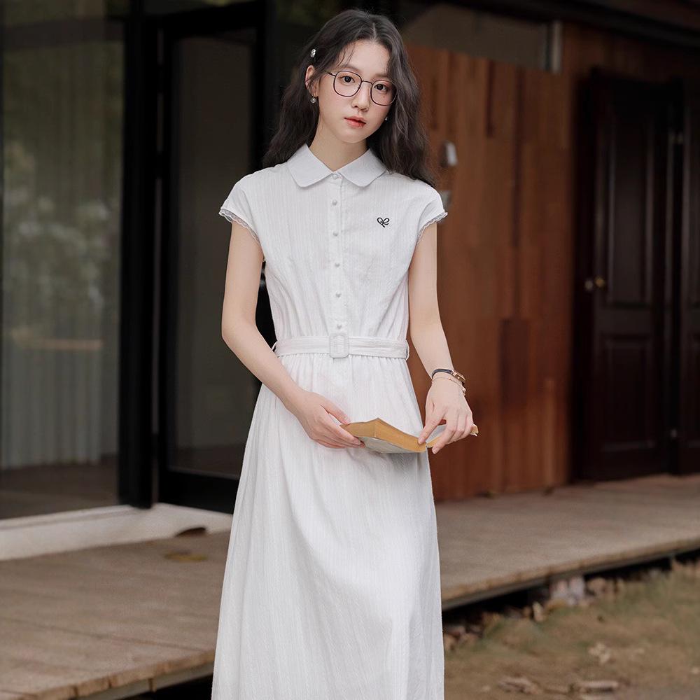 **2025 Summer Blue Plaid Sleeveless Polo Collar Slim Waist Vest Dress**