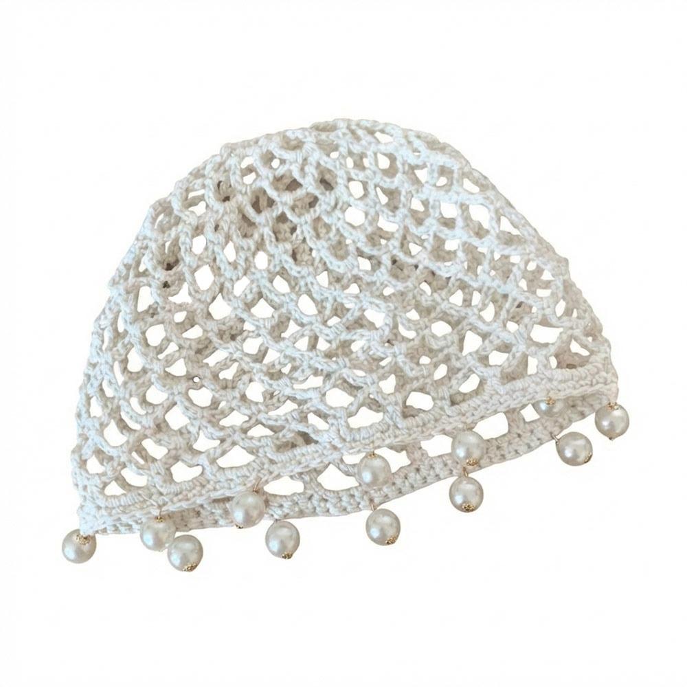 Pearl Fringed Crochet Hat Hollowed Out Woven Hat Casual Beret Cap  Bride Headpiece