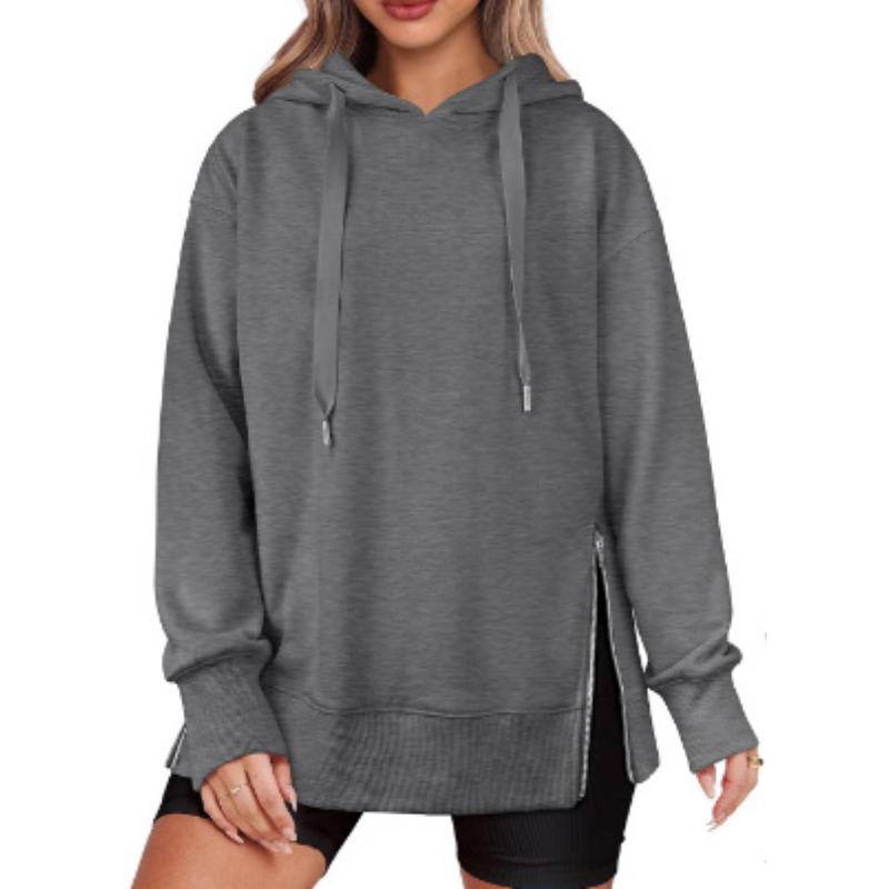 Spring Autumn Solid Color Loose Casual Pullover Hoodies Women Slit All-match Hooded Sweatshirt Top