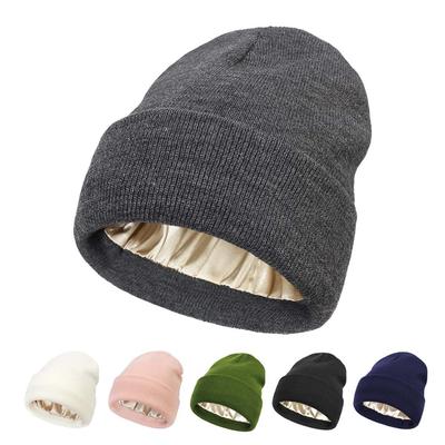 Womens Winter Beanie Hat Warm Knit Hat Thick Silk Satin Lined Cap Outdoor Gift