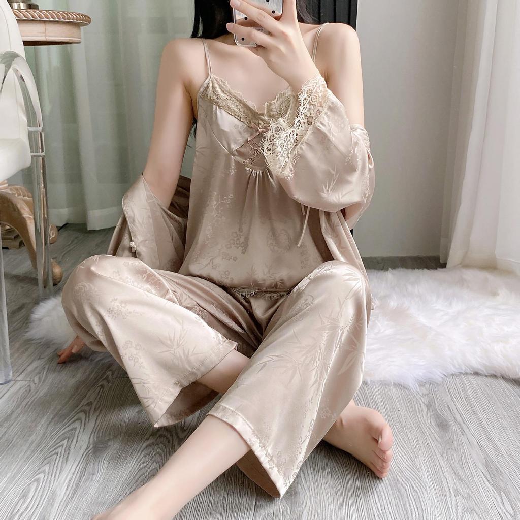 Women's Summer Ice Silk Camisole & Long Pants 3-Piece Set with Chest Pads - Light Luxury Homewear