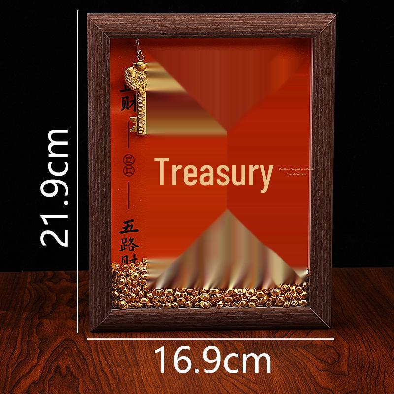 Yellow Dzambhala Wealth Replenishing Photo Frame Ornament - 6", 7", 8" - Small Ingots, Gold Treasury Key Desk Display.