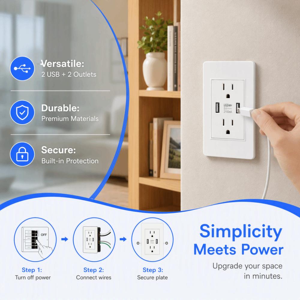 10A Charging Power Outlet White AC USB Outlet Durable USB Wall Outlet Home