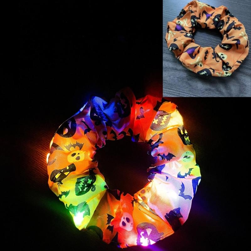 Glowing Pumpkin Hair Ties French Scrunchie Halloween Skull Pumpkin Bat Halloween Hair Style Tool Scrunchie