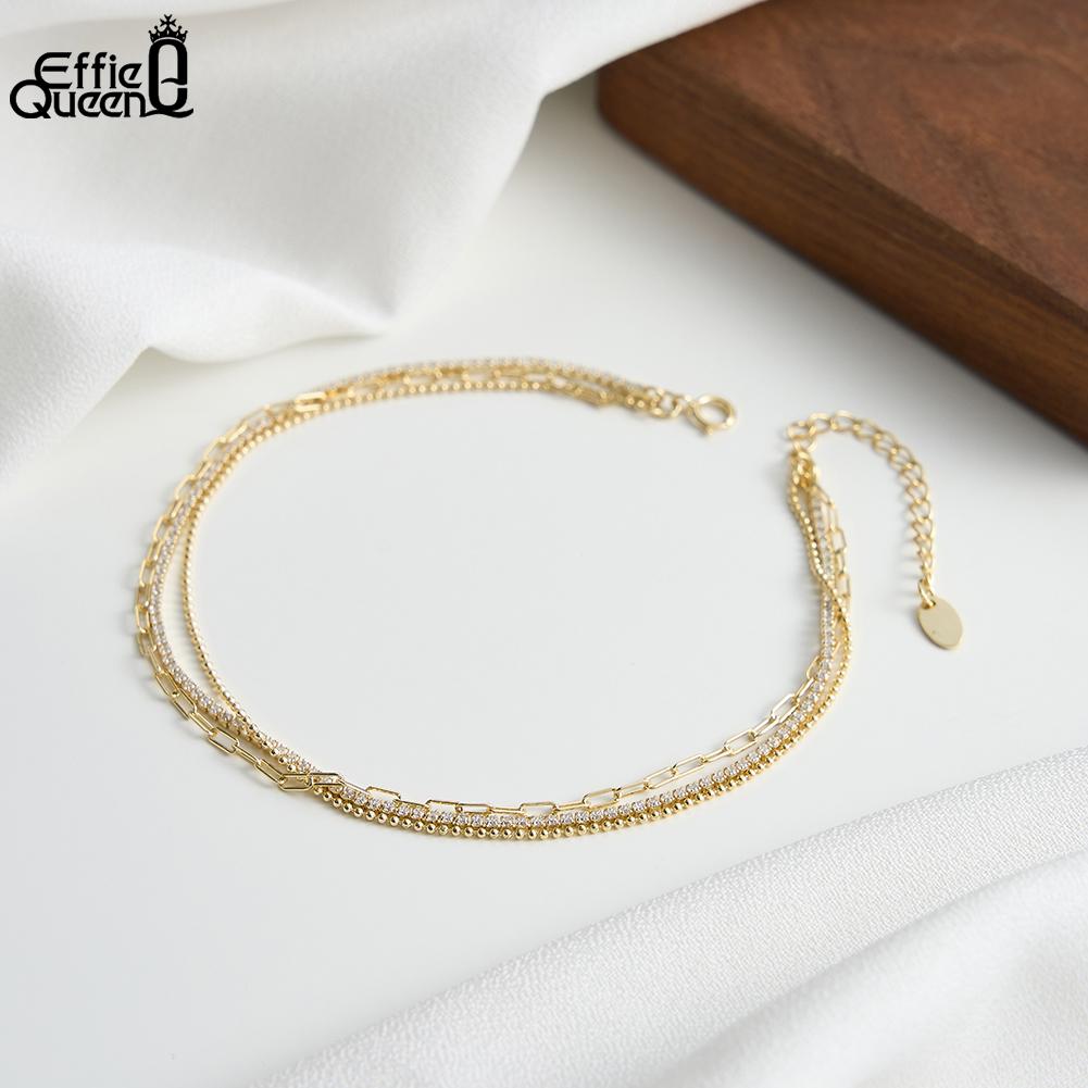 Effie Queen 925 Sterling Silver Muti-layer Bead Anklet For Women Sparkling Zircon Tennis Chain Foot Anklet Fashion Jewelry SA104