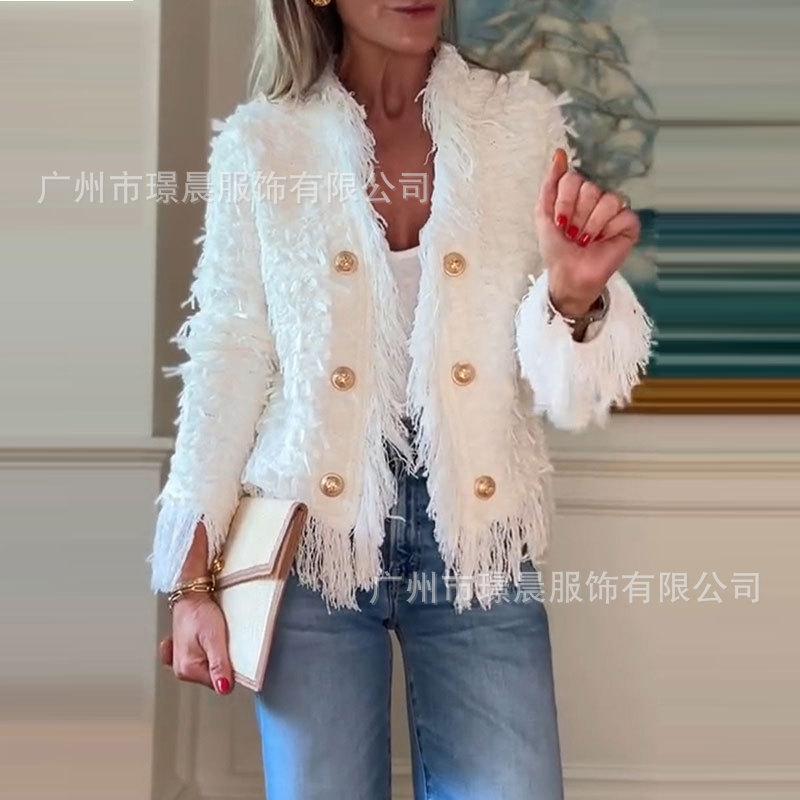 Women's White Fringe Short Cropped Faux Fur Jacket