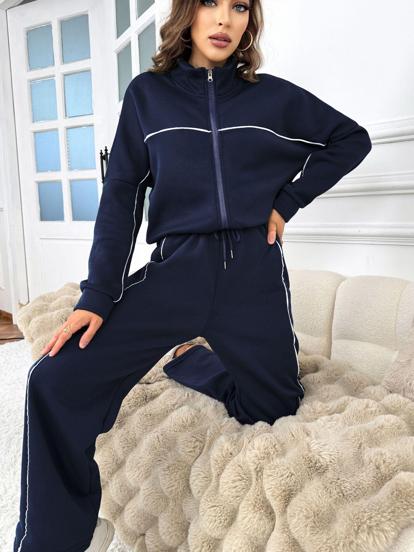 

Европейский и американский костюм для отдыха 2024: Кардиган с длинным рукавом и полувысоким воротником, брюки в полоску на шнуровке S синий