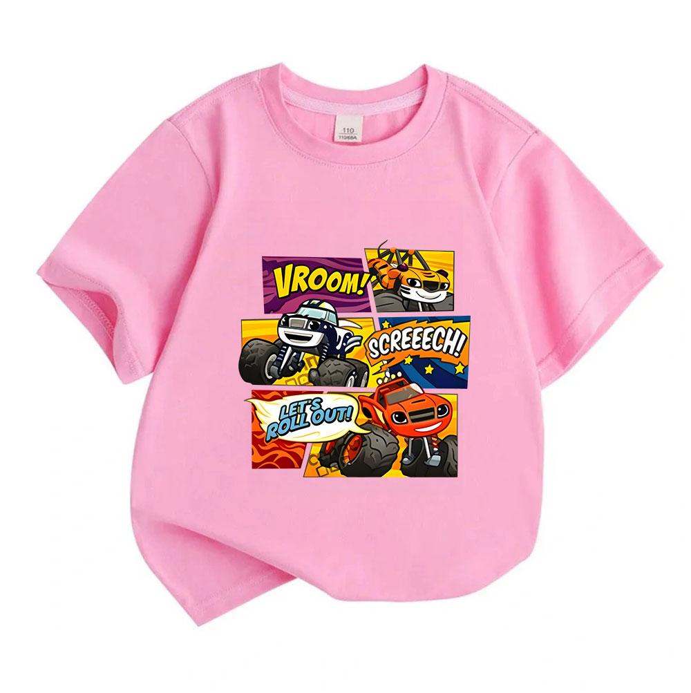 Kids Boys Girls 100% Cotton Short Sleeve Crew Neck T-Shirt, Cartoon Monster Truck Vroom Print Casual Tees for Children, Racing Vehicle Graphic Cute Su