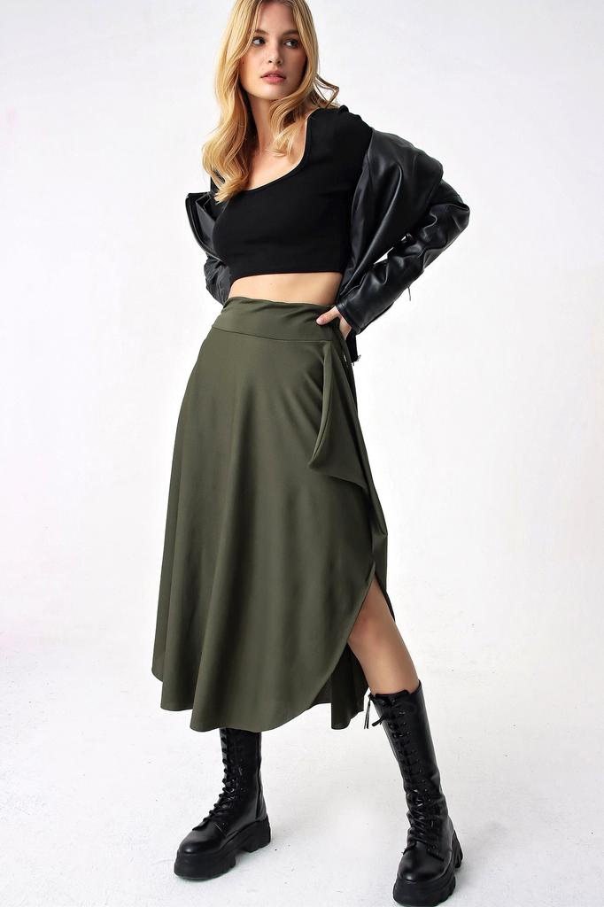 Women's Skirt New Season Fashion Black Patterned Asymmetric Cut Tie Waist Skirt