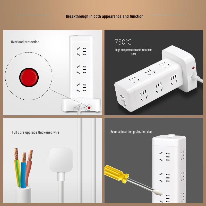DELIXI Vertical Power Strip with USB-C and USB-A Ports CN plug (adapter included)