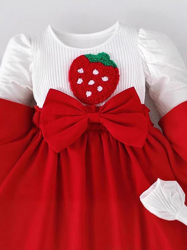 Baby-Mädchen-Strampler-Set mit Erdbeer-Thema, roter Schleife, Stirnband & Socken