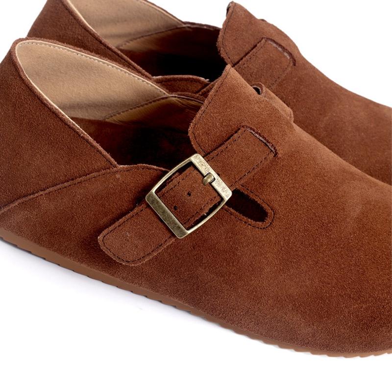 Fashion Women's new genuine leather cow suede round toe with a raised metal belt buckle inside the heel, retro casual single shoe