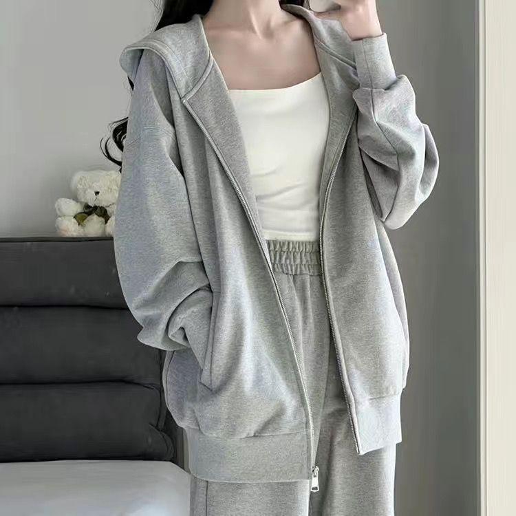Grey Student Casual Hoodie and Cardigan Set: Trendy Two-Piece Sportswear
