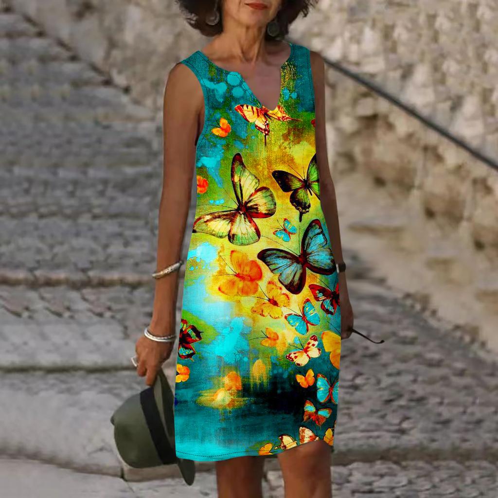 Women V Neck Summer Flutter Butterfly Print Dress Casual Sleeveless Fashion Casual Loose Sexy Dresses Plus Size XS-8XL