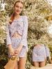Bohemianbeullu Set Flutter Flower V-Neck Drawstring In-Pad Women'S Rash Guard + Side Slit Skirt Set-Up