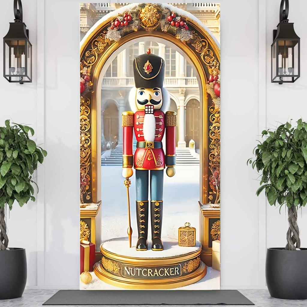 Christmas Nutcracker Door Cover Door Gingerbread Banner Xmas Outdoor Decoration for Front Door Porch Christmas Party Supplies