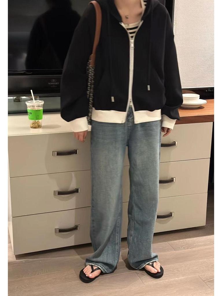 2025 Autumn-Winter Women's Patchwork Hooded Jacket: Loose Fit, Casual Zip-Up Petite Sweatshirt