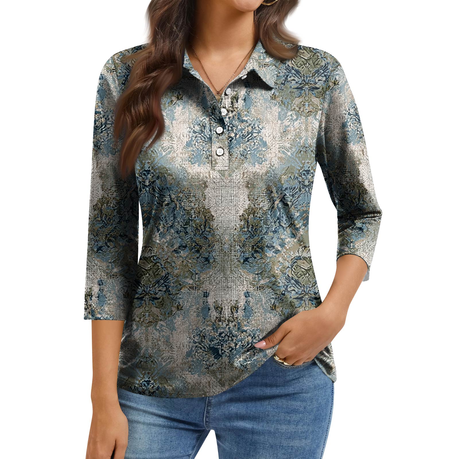 

Women s Fashion Casual Lapel Short 3/4 Sleeve Print Shirt Women s Button Up Tops XXL