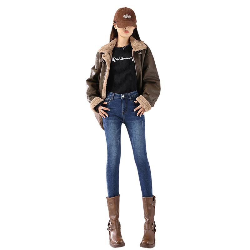 Plus Size Fleece-Lined High Waist Skinny Jeans for Women, Slim Fit Autumn Winter Pants