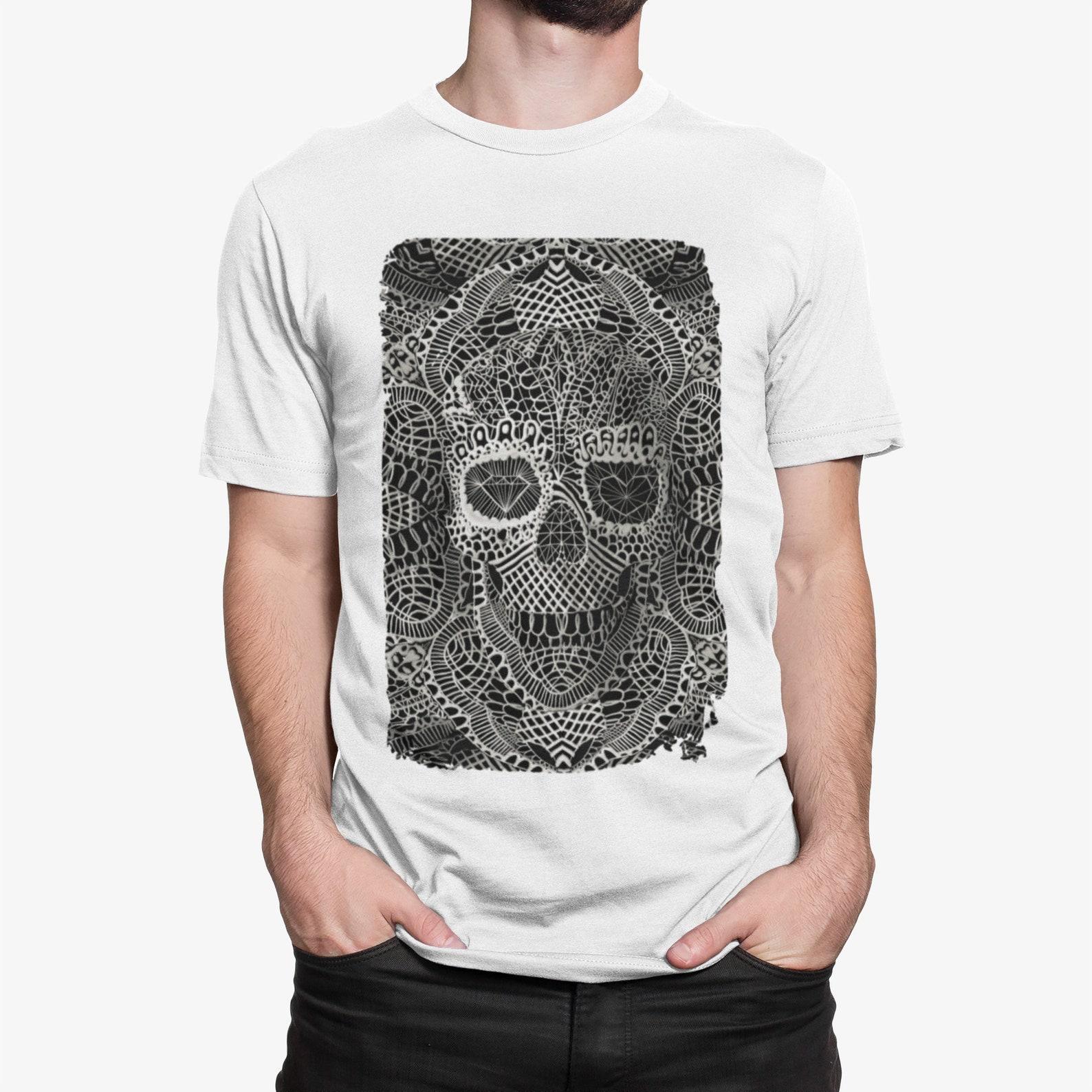 Lace Skull Graphic Tee: Black and White Gothic Art Print Shirt M