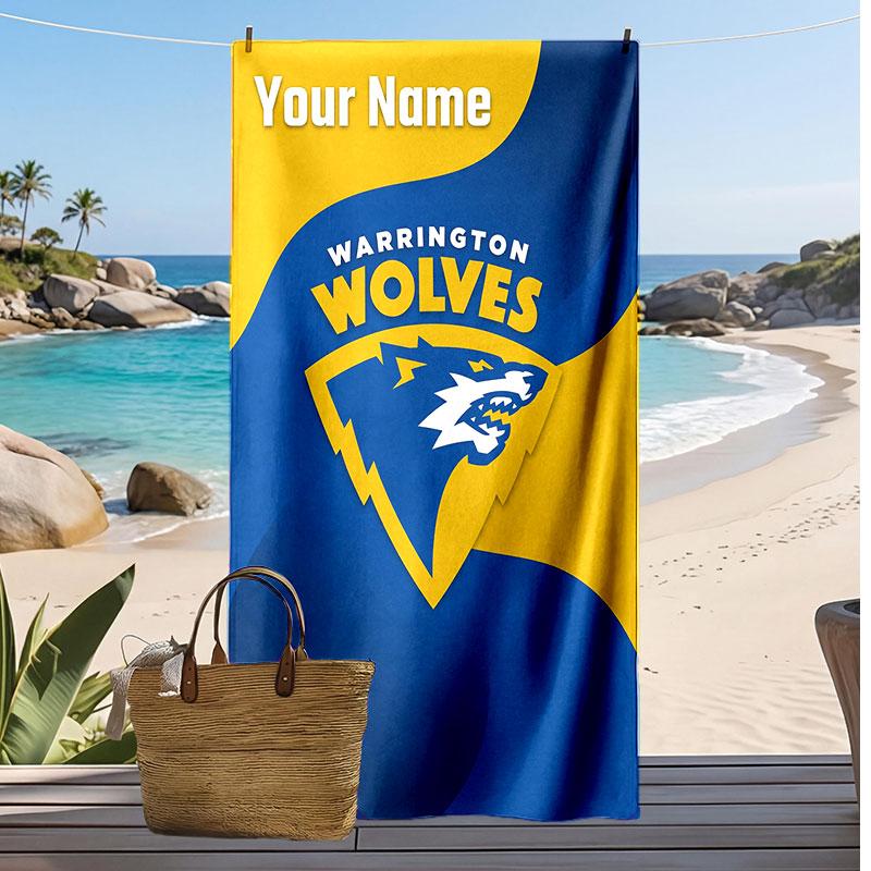 Warrington Wolves FC Personalized Printed Beach Towel Soccer Logo Support Custom Name Text Absorbent Towel For Sport Travel Special Gift