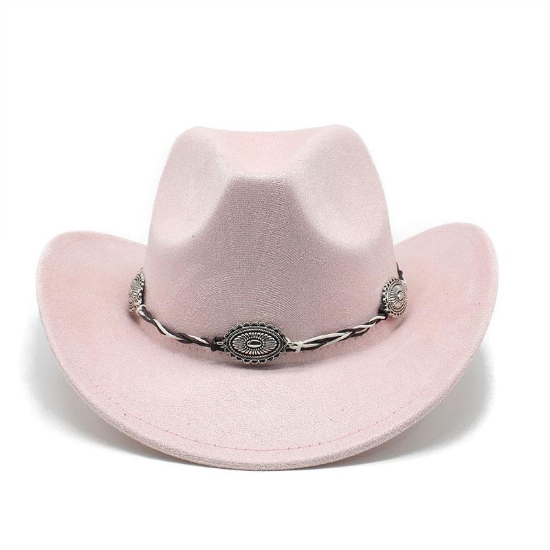 Semišový Upturned Edge Western Cowboy Klobouk Muži a ženy Outdoorový cestovní klobouk Rolled Brim Etnický styl Cylindr Plstěný klobouk