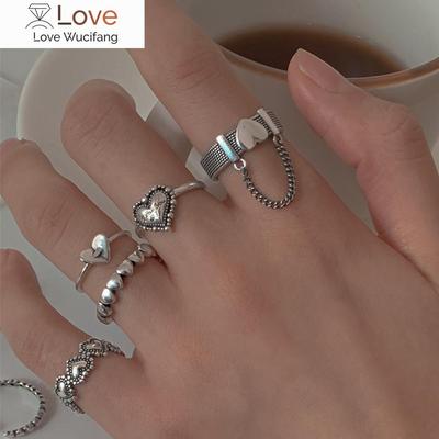 Korea Punk Love Heart zestaw pierścieni 5 sztuk osobowość temperament cyrkon kolor srebrny geometryczne pierścienie dla kobiet moda Goth biżuteria