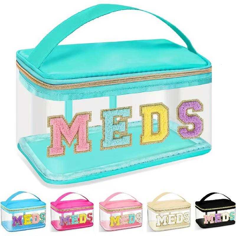 Fashion PVC Chenille Letter MEDS Makeup Bag - Portable Travel Toiletry Organizer with Large Capacity and Zipper Closure