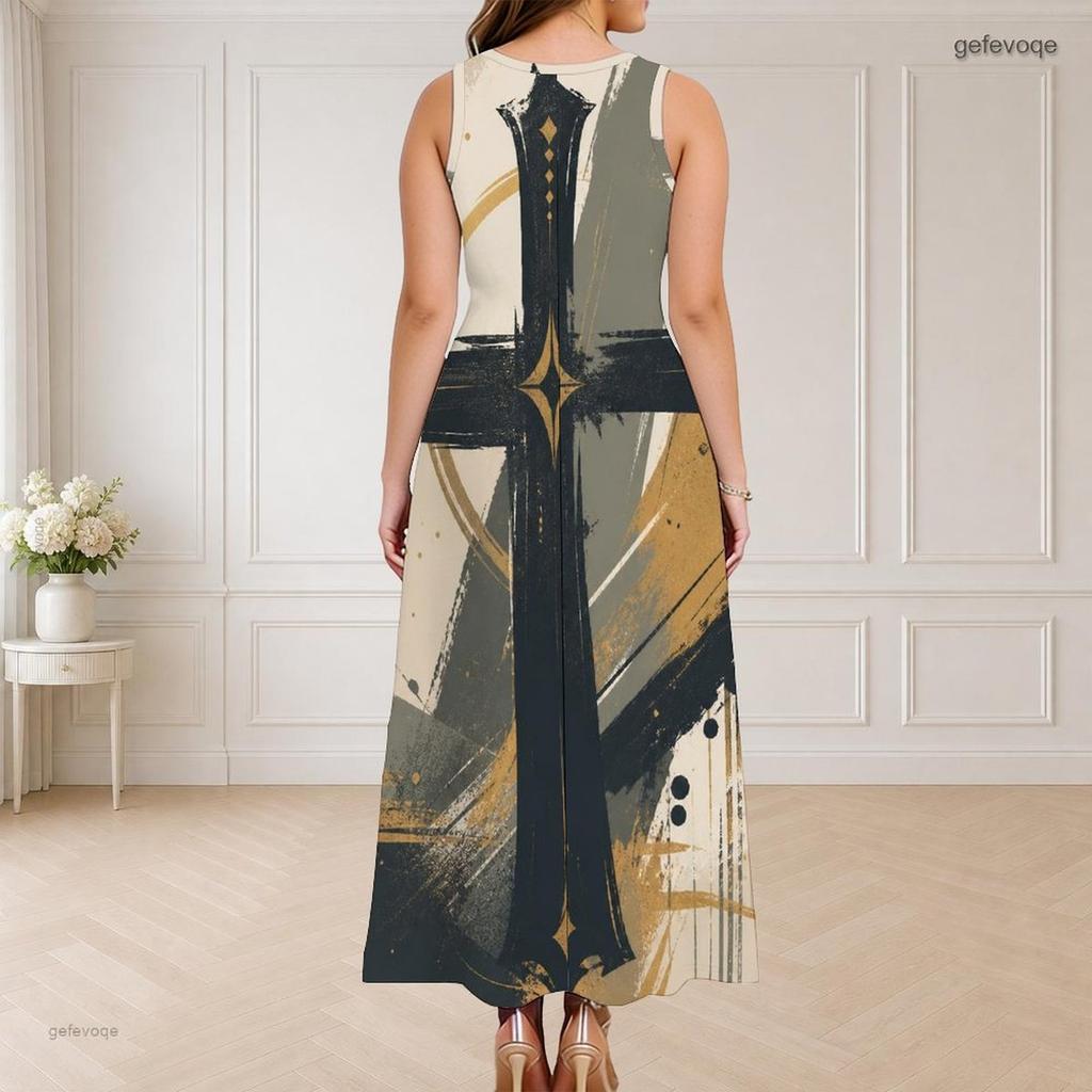 Women Plus Size Sleeveless Round Neck Triple Keyhole Cutout Black Gold Beige Printed Long Dress
