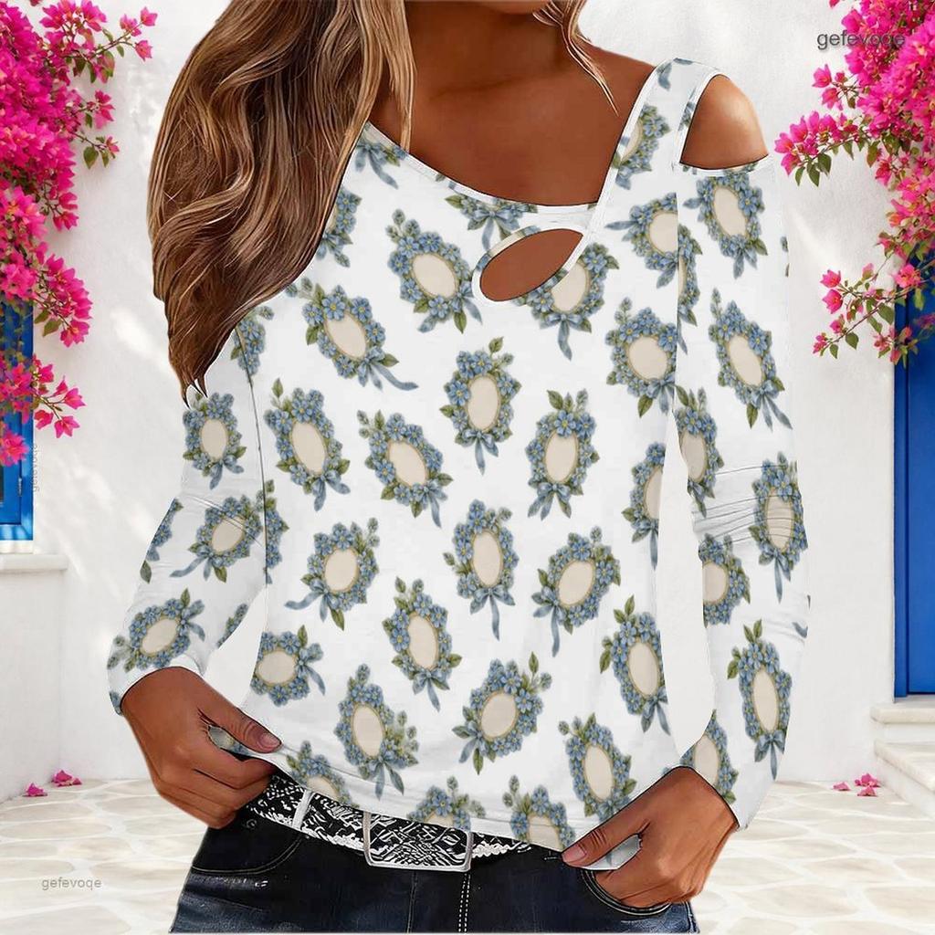 Women Plus Size White Floral Printed Asymmetric Cutout Cold Shoulder Long Sleeve Fitted Blouse