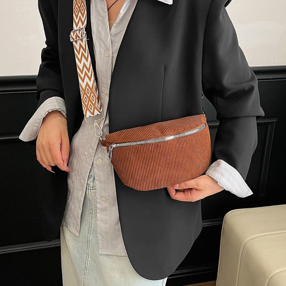 Fashion Corduroy Waist Bag Multi-pockets Zipper Crossbody Bags Wide Guitar Strap Shoulder Bags Outdoor