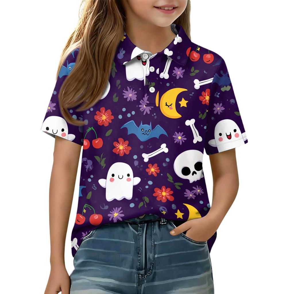 Kids Halloween Print Short Sleeve Polo Shirt Casual Comfortable Fit Button Down Top for Boys and Girls Suitable for Everyday Wear