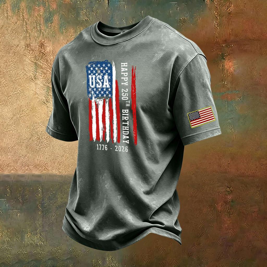 Men's Vintage Washed Crew Neck Short Sleeve T-Shirt with USA Flag Graphic and 250th Birthday Print Casual Cotton Tee