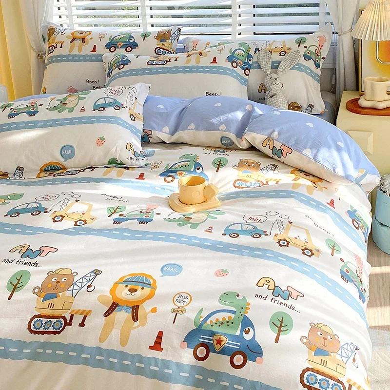 Cartoon Car Duvet Cover 100Cotton Material Cute Animal Dinosaur Bedding Collection For Boys Girls Teen 3 Piece Soft Reversible Comforter Cover
