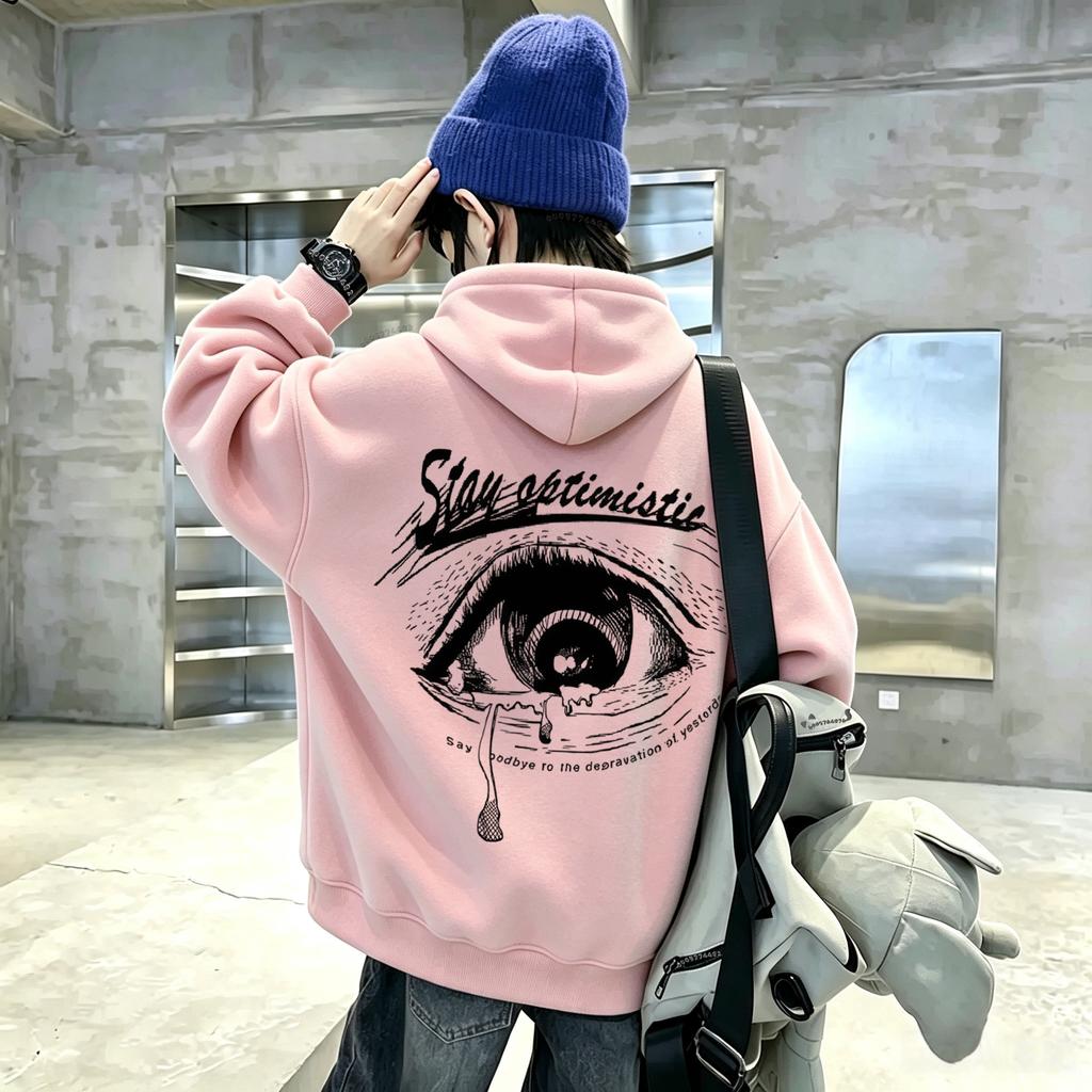 Latest style French pattern eye design children's hooded pullover sweatshirt with long sleeves and loose fit for boys and girls