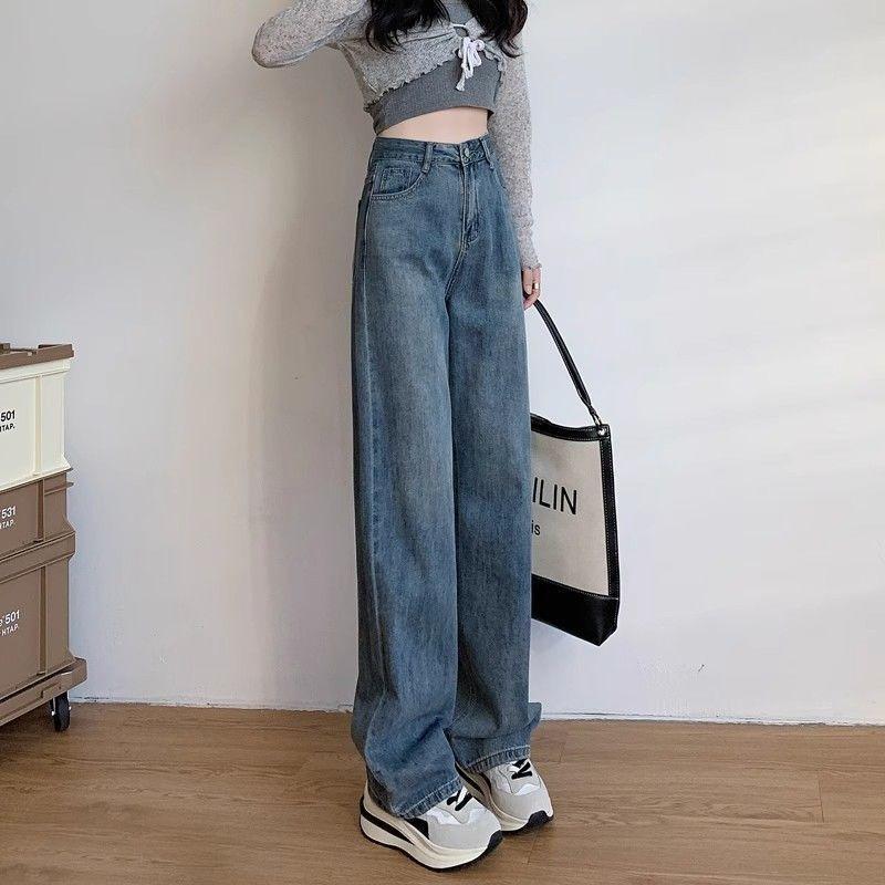Retro Blue Narrow Wide-leg Jeans Female Summer Student New High-waisted Loose Straight Tall Mopping Pants