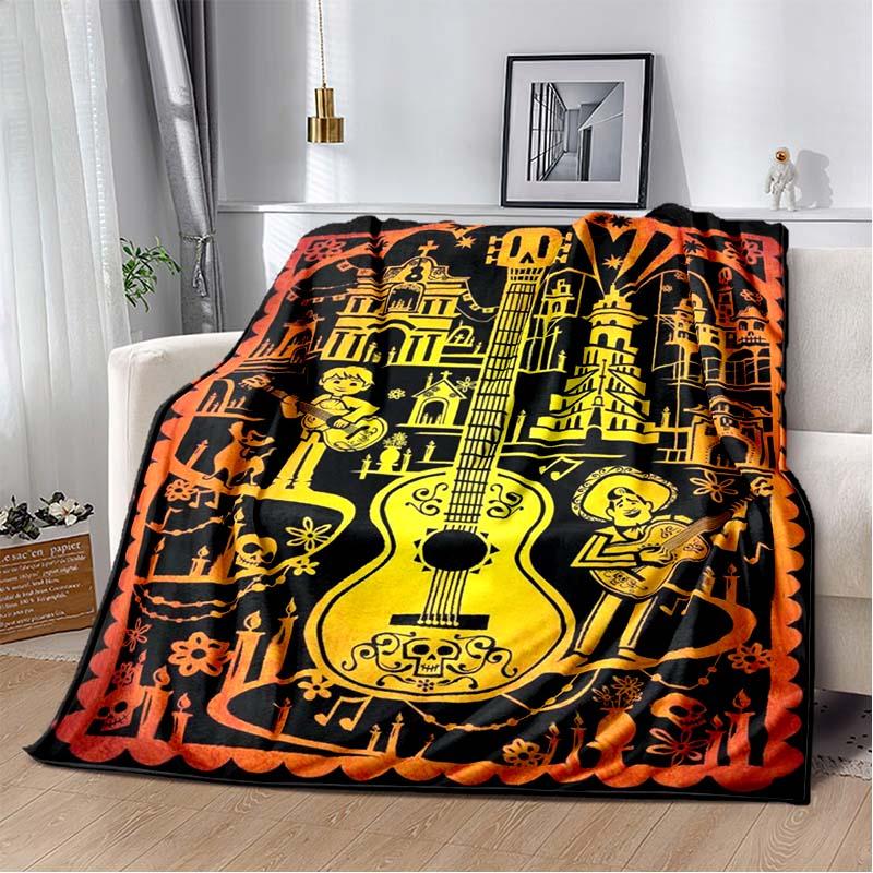 Mexican Day of the Dead Guitar Print Flannel Blanket, Soft Cozy Throw Blanket 80cm x 120cm