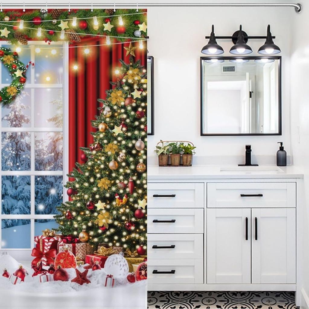 Red Christmas Shower Curtains,Winter Snowflake Xmas Green Pine Trees Branches Snow Scene Happy New Year Waterproof Fabric