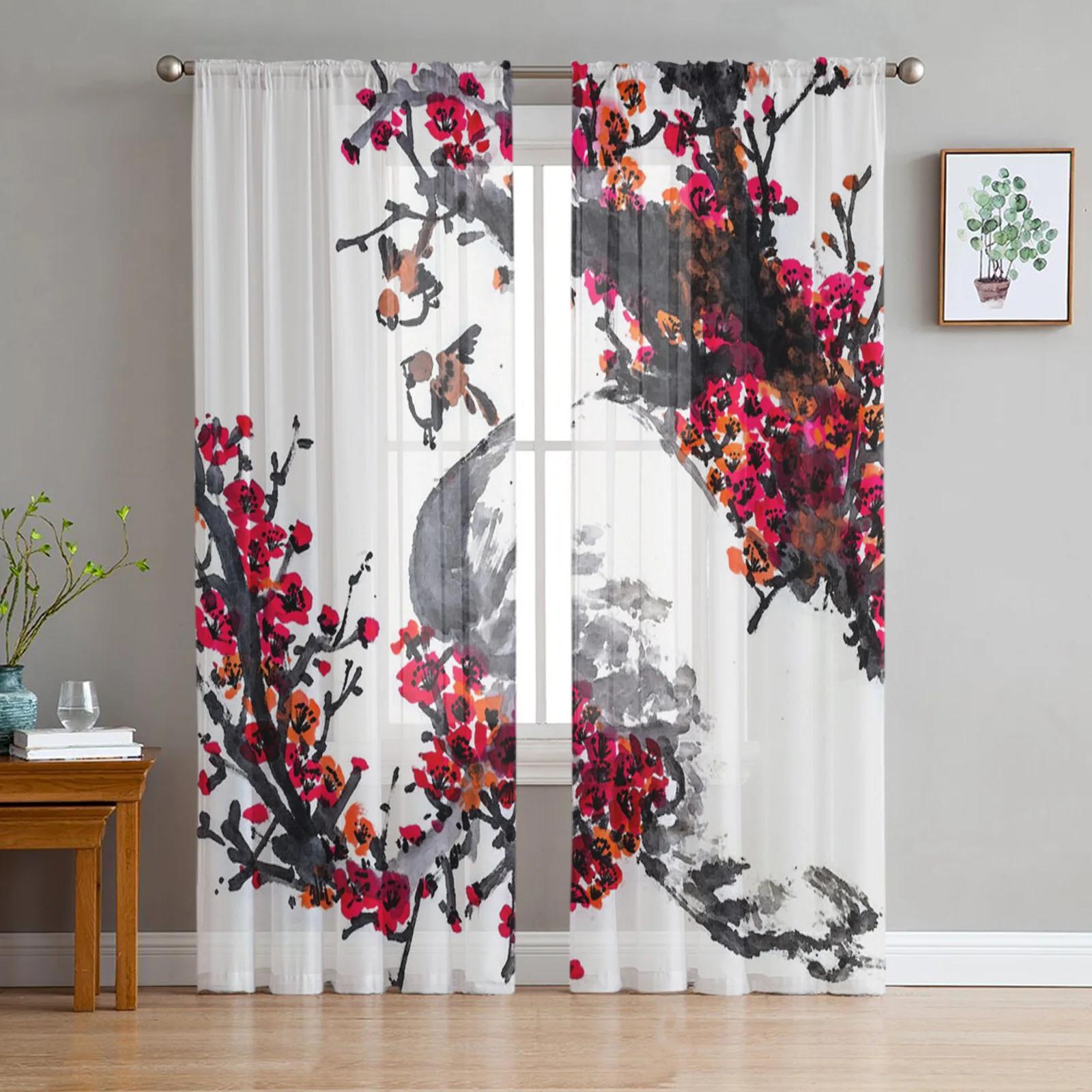 

Chinese Style Plum Blossom Birds Flowers Translucent Drapes for Living Room Decoration Window Opening Drape Kitchen Area Tulle Voile Curtains W135 x H115cm x1&Grommet Top