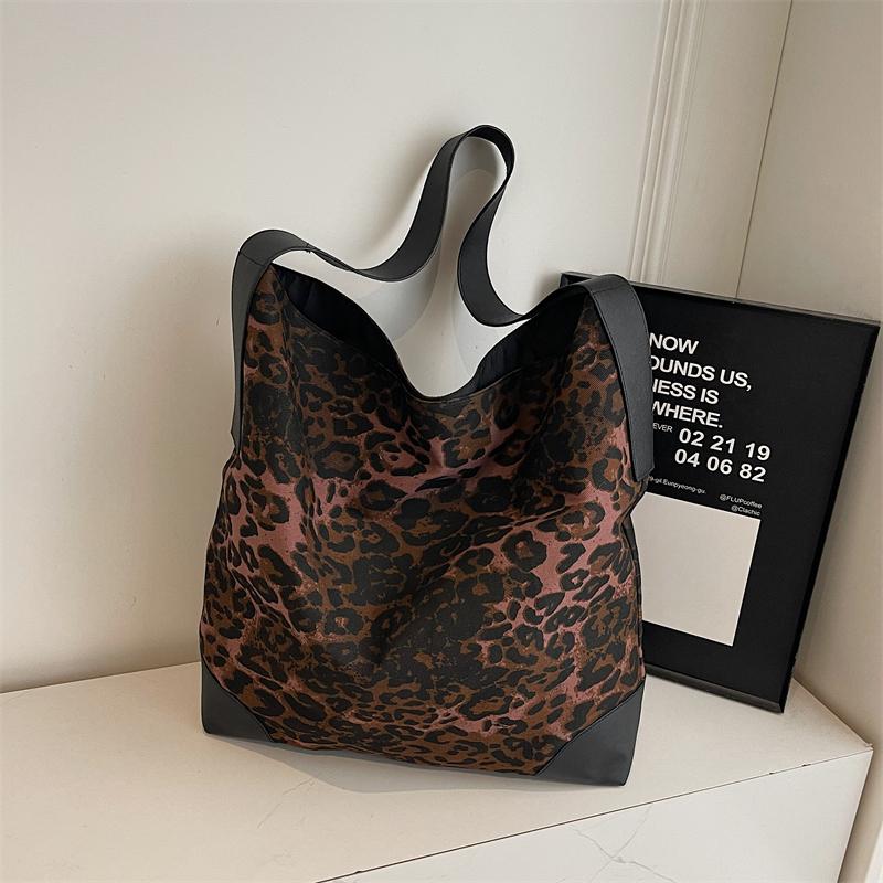 Leopard Print Large Capacity Tote Bag Women's Vintage Canvas Shoulder Crossbody Bag
